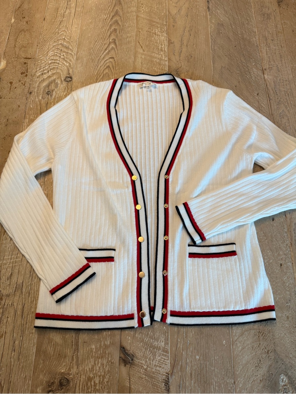 Essentials Milano White Ribbed Cardigan with Red & Black Trim M